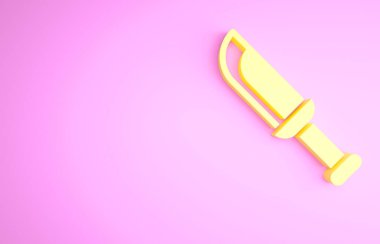 Pembe arka planda izole edilmiş sarı askeri bıçak ikonu. Minimalizm kavramı. 3d illüstrasyon 3B canlandırma.