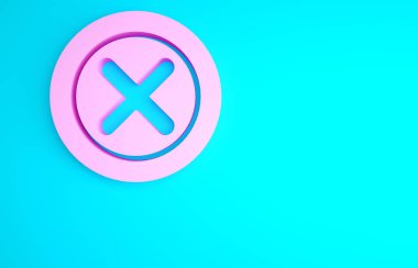 Pembe X Mark, mavi arkaplanda daire simgesinde çapraz izole edilmiş. Çapraz işaret simgesini kontrol et. Minimalizm kavramı. 3d illüstrasyon 3B canlandırma.