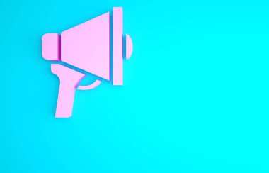 Mavi arkaplanda izole edilmiş pembe megafon simgesi. Sözcü işareti. Minimalizm kavramı. 3d illüstrasyon 3B canlandırma.