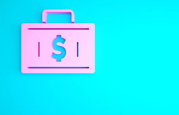 Pink Briefcase and money icon isolated on blue background. Business case sign. Business portfolio. Financial management. Minimalism concept. 3d illustration 3D render.
