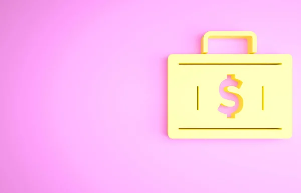 Žlutý Kufřík Ikona Peněz Izolované Růžovém Pozadí Obchodní Značka Obchodní — Stock fotografie
