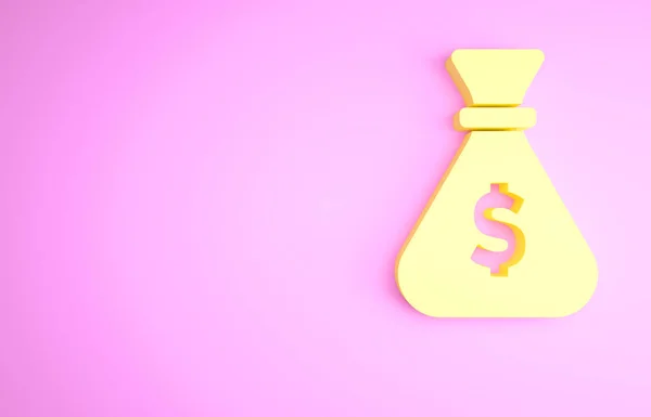 Yellow Money Bag Icon Isolated Pink Background Dollar Usd Symbol — Stock Photo, Image