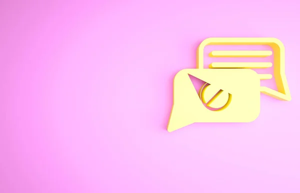 ピンクの背景に隔離された黄色のスピーチバブルチャットアイコン メッセージアイコン コミュニケーションやコメントチャットシンボル 最小限の概念 3Dイラスト3Dレンダリング — ストック写真