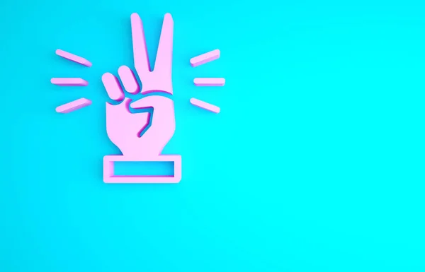 Pinkfarbene Hand Mit Zwei Fingersymbolen Auf Blauem Hintergrund Victory Handzeichen — Stockfoto