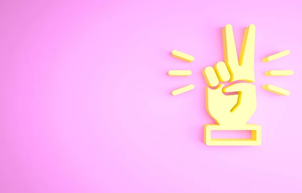 Gelbe Hand Mit Zwei Fingersymbolen Auf Rosa Hintergrund Victory Handzeichen — Stockfoto