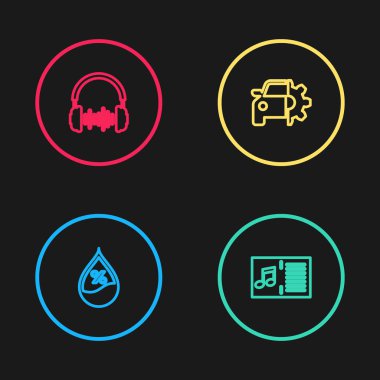 Satır su bırakma yüzdesi, notalı müzik kitabı, araba servisi, kulaklık ve ses dalgaları simgesi. Vektör.