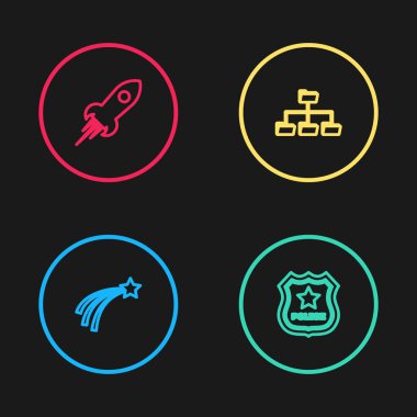 Kayan yıldız, polis rozeti, Dizin ağacı ve ateş ikonlu roket gemisi. Vektör.