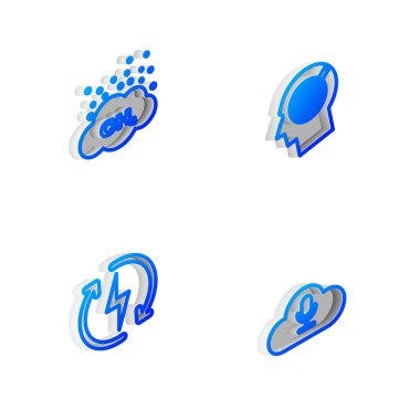 Isometric hattı kafa avlama konseptini, metan emisyonunu azaltma, şarj etme ve müzik yayını servis simgesini ayarlayın. Vektör.