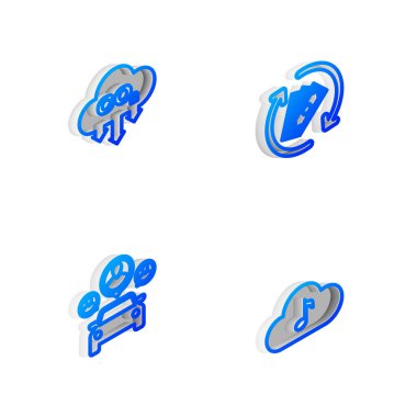 Isometric hattını para iadesi, karbondioksit emisyonlarını, araba paylaşımını ve müzik yayın hizmeti simgesini ayarla. Vektör.