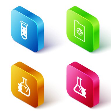 Isometric hattı DNA araştırması, arama, klinik kaydı ve ikonu ayarla. Vektör.