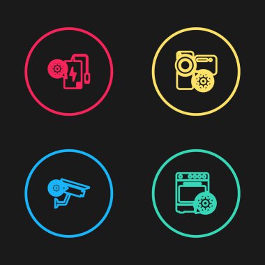 Hat güvenlik kamerası ayarları, fırın, video ve elektrik bankası ikonu. Vektör.