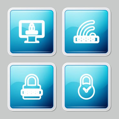 Satır monitörünü parola ile ayarla, Wifi kilitlendi, Parola koruması ve asma kilit saat simgesi. Vektör.