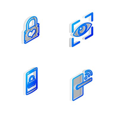 Isometric line Göz taraması, kalp, mobil ve şifre ve dijital kapı kablosuz ikonu ile asma kilit ayarlayın. Vektör.