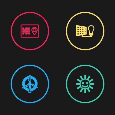 Sıralı rüzgar türbini, gülümseyen şirin güneş, güneş enerjisi paneli, ampul ve adres defteri ikonu. Vektör.