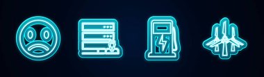 Hat üzgün gülümseme, müşteri hizmetleri, elektrik şarj istasyonu ve rüzgar türbinleri. Parlayan neon ikonu. Vektör.