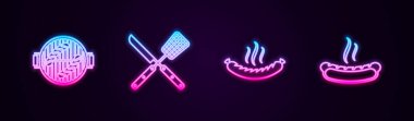 Sosisli ızgara ızgara sosis, çapraz bıçak ve spatula sosis ve sosisli sandviç. Parlayan neon ikonu. Vektör.