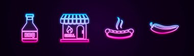 Ketçap şişesi, barbekü alışveriş binası Hotdog sandviçi ve kırmızı biber kapsülü. Parlayan neon ikonu. Vektör.