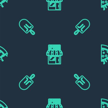 Pizzeria bina cephesi, dondurma ve pizza dilimlerini kusursuz bir şekilde dizin. Vektör.