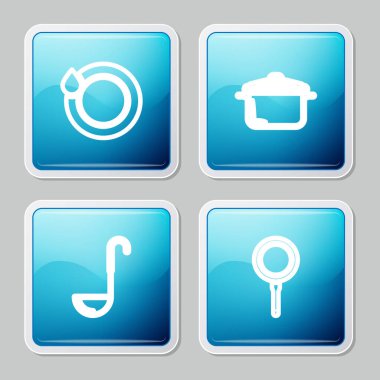 Bulaşık yıkama hattı, yemek tenceresi, mutfak kepçesi ve kızartma tavası ikonu. Vektör.