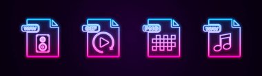 WAV dosya belgesi, GIF, PNG ve ayarlayın. Parlayan neon ikonu. Vektör.