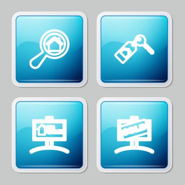 Satır Arama Evi, Anahtarlı Ev, Satılık ve Satıldı simgesi. Vektör.