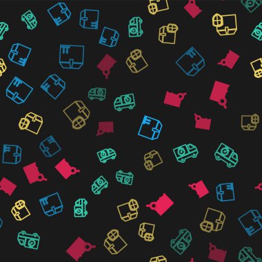 Karton kutuya trafik, teslimat kamyonu ve kronometre, güvenlik kalkanı ve arama barkodu koyun. Vektör.