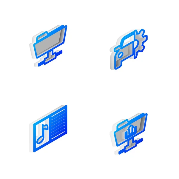 Stel Isometrische Lijn Autodienst Ftp Map Muziekboek Met Notitie Uploadpictogram — Stockvector