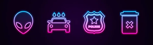 Définir Ligne Alien Lavage Voiture Badge Police Poubelle Icône Lumineuse — Image vectorielle