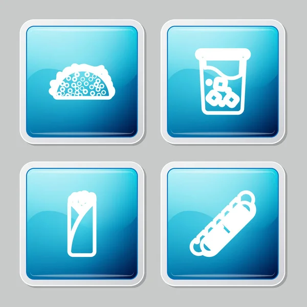 Set Line Taco Con Tortilla Agua Vidrio Burrito Hotdog Icono — Vector de stock