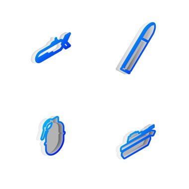 Isometric hattı kurun Mermi, Denizaltı, El bombası ve Askeri tank ikonu. Vektör.