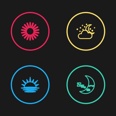 Gün batımı çizgisi, Ay simgesi, Ay ve yıldızlı bulut ve ikon. Vektör.