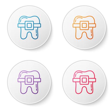 Beyaz arkaplanda izole edilmiş diş telleri simgesi olan renk çizgisi. Diş ısırığının hizası, diş telli sıra. Diş konsepti. Simgeleri daire düğmelerine ayır. Vektör.