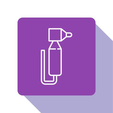 Beyaz çizgi dişli matkap simgesi beyaz arkaplanda izole edildi. Delme ve öğütme aletleri için el işi. Mor kare düğme. Vektör.