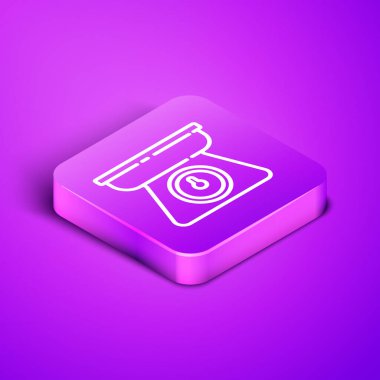 Isometric satır Ölçekleme simgesi mor arkaplan izole. Ağırlık ölçüm aletleri. Mor kare düğme. Vektör.