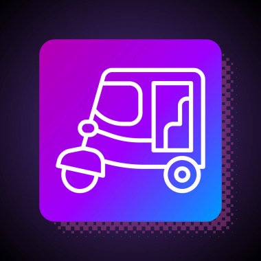 Beyaz çizgi taksici tuk ikonu siyah arkaplanda izole edildi. Hint oto çekçek konsepti. Delhi otomobili. Kare renk düğmesi. Vektör.