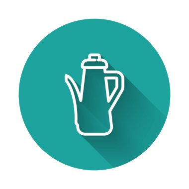 Beyaz çizgi Çaydanlık simgesi uzun gölgeli izole edilmiş. Yeşil daire düğmesi. Vektör.