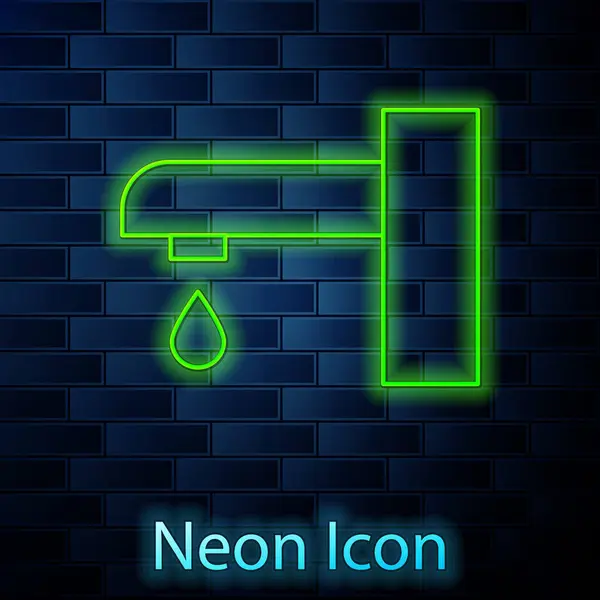 Leuchtende Neon Wasserhahn Symbol Isoliert Auf Backsteinwand Hintergrund Vektor — Stockvektor
