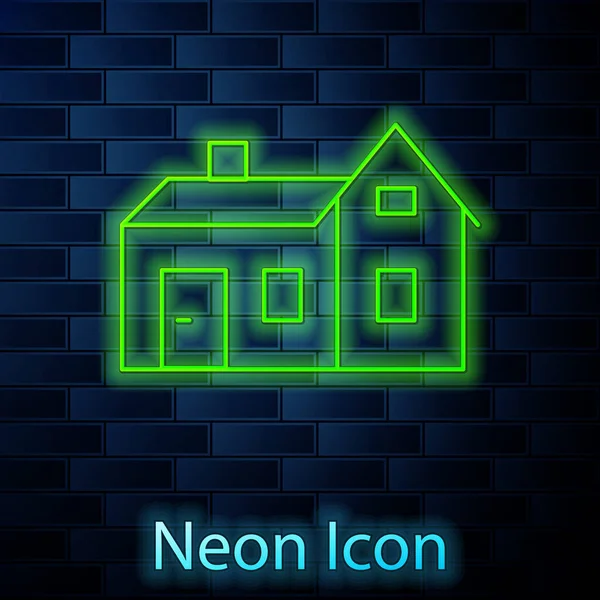 Gloeiende Neon House Icoon Geïsoleerd Bakstenen Muur Achtergrond Huissymbool Vector — Stockvector