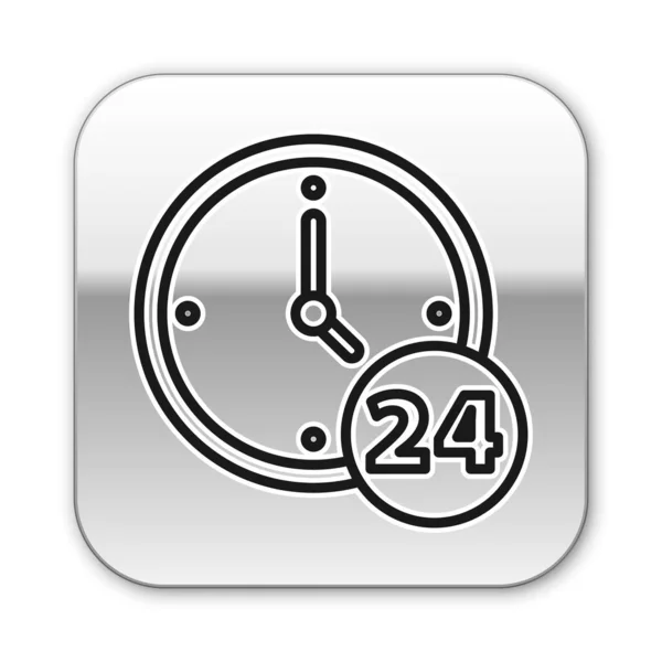 ブラックラインクロック白い背景に隔離された24時間アイコン 丸一日アイコン 24時間サービスシンボル 銀四角形のボタン ベクトル — ストックベクタ