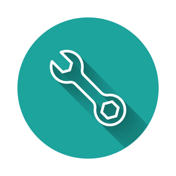 White Line Wrench Spanner Icon Isolated Long Shadow Green Circle — Stock Vector