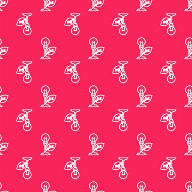 Kırmızı zemin üzerinde yaprak simgesi olan beyaz çizgi lambası izole edilmiş. Çevre enerjisi kavramı. Alternatif enerji kavramı. Vektör.