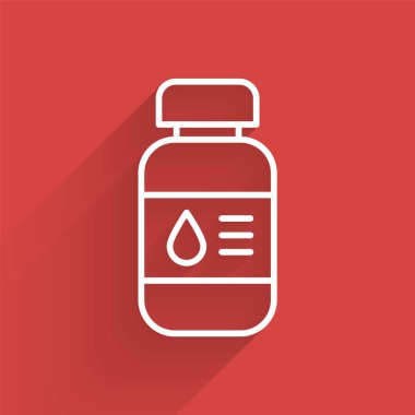 Beyaz çizgi yazıcı mürekkep şişesi simgesi uzun gölgeli izole edilmiş. Vektör.