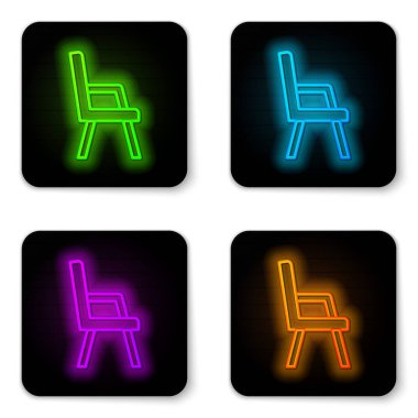 Parlayan neon hattı Armchair simgesi beyaz arkaplanda izole edildi. Siyah kare düğme. Vektör.