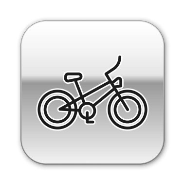 Siyah çizgi bisiklet simgesi beyaz arkaplanda izole edildi. Bisiklet yarışı. Olağanüstü bir spor. Spor malzemeleri. Gümüş kare düğme. Vektör.