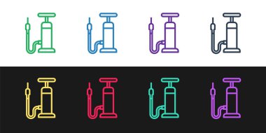 Siyah ve beyaz arka planda izole edilmiş bisiklet hava pompası simgesini ayarla. Vektör.