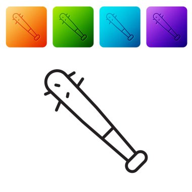 Beyaz zemin üzerinde çivi simgesi olan siyah çizgi beyzbol sopası. Şiddetli silah. Renkli kare düğmelerle simgeleri ayarla. Vektör.