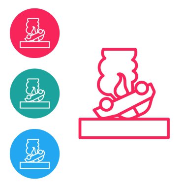 Kırmızı çizgi yanan araba simgesi beyaz arkaplanda izole edildi. Araba yanıyor. Araba alev ve dumanla kaplanmış. Simgeleri daire düğmelerine ayır. Vektör.