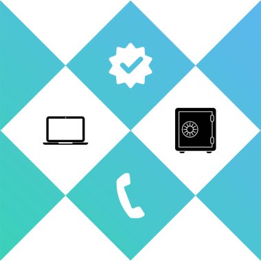 Dizüstü bilgisayarı, telefon ahizesini, onay işaretini ve güvenli simgeyi ayarla. Vektör.