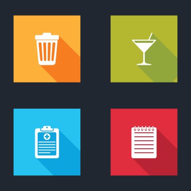 Çöp tenekesi, martini bardağı, klinik kaydı ve not defteri ikonu. Vektör.