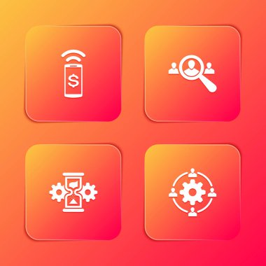 Temassız ödeme, arama ekipmanları için büyüteç, kum saati ve teçhizat ve dış kaynak konsept ikonu ayarlayın. Vektör.